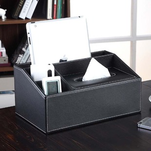 商务多功能纸巾盒皮革创意笔筒名片杂物收纳盒 桌面平纹收纳盒