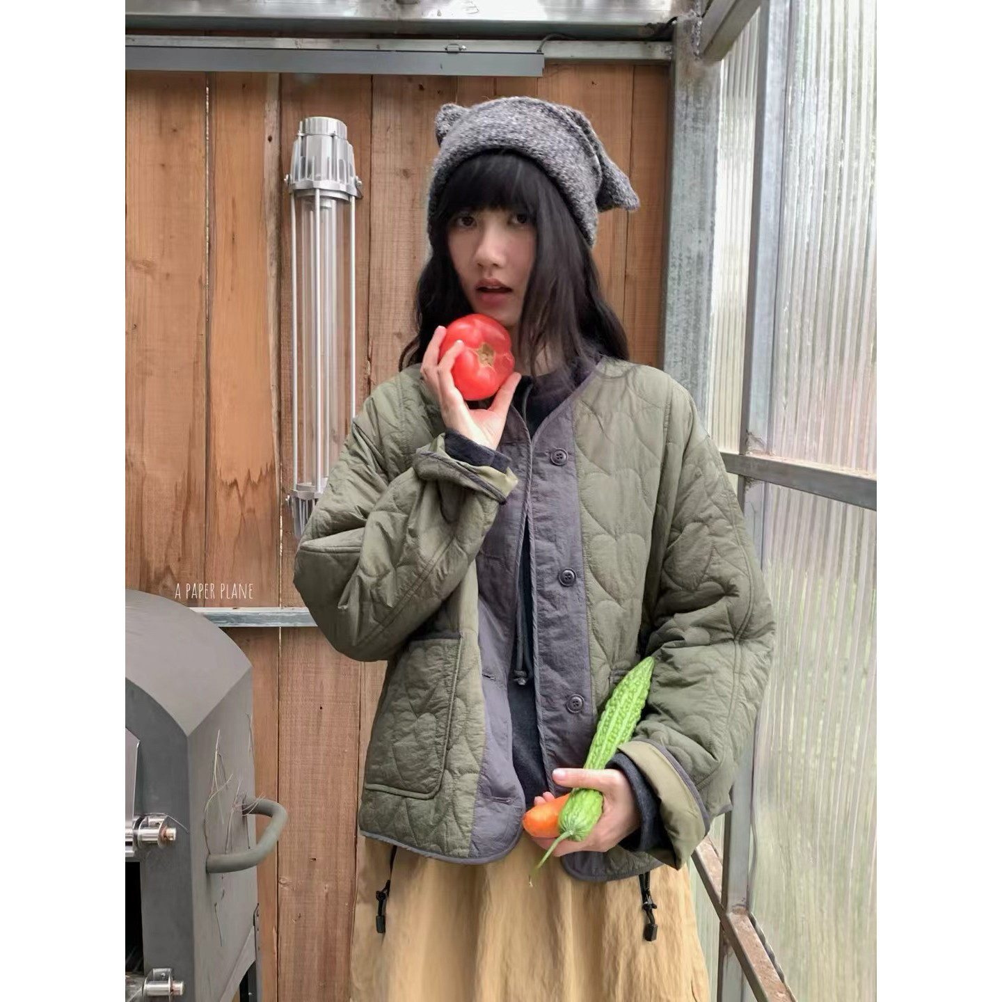 冬上新复古撞色绗缝V领宽松保暖棉服外套W3621