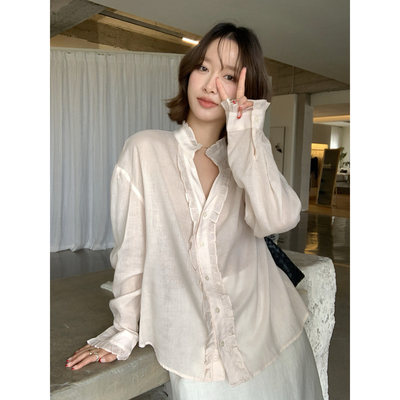 26新品简约气质木耳边天丝麻小衫(麻料有麻结麻点为正常)R70927