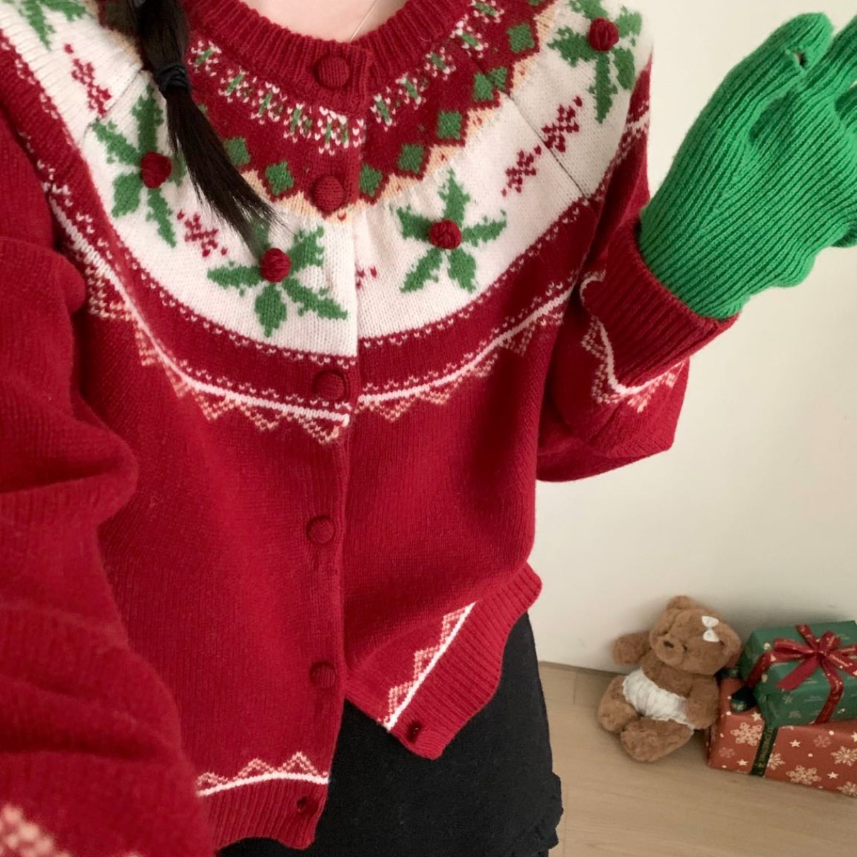 圣诞费尔岛民族风手工球开衫保暖毛衣打底衫女100%羊毛衫YH990