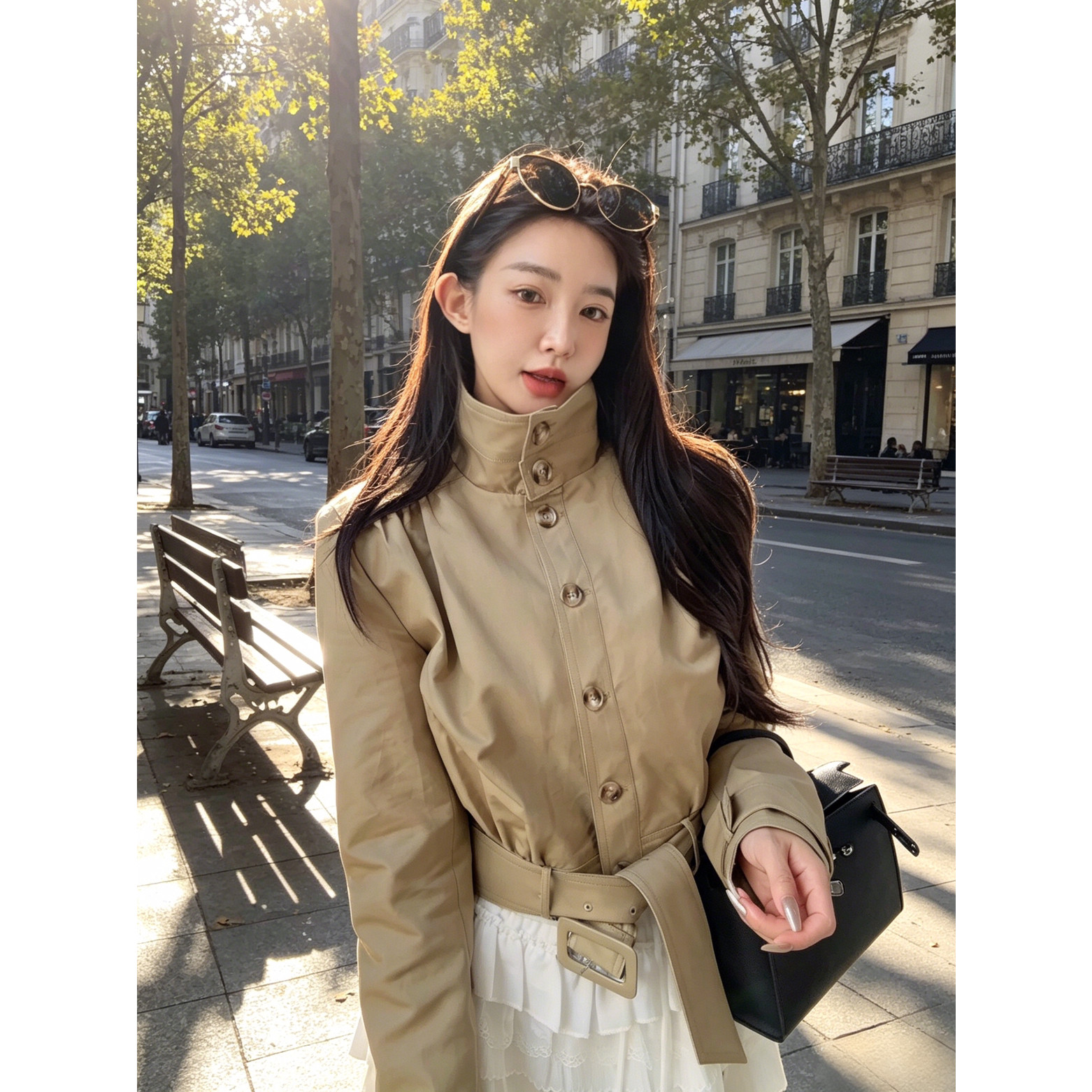 设计感立领宽松短外套时尚简约短款风衣女(腰带不可拆)W3F26305