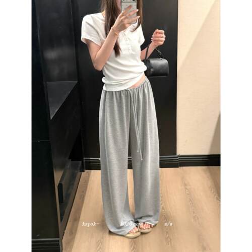26夏上新简约纯色抽绳宽松垂感阔腿裤女简约薄款休闲裤26369