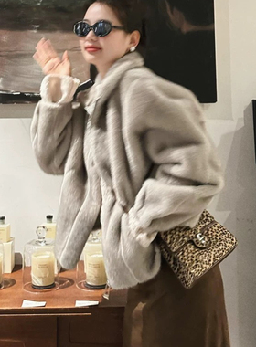 专柜撤柜皮毛一体短款大袖子拉链款宽松显腿长短外套欧貂绒大衣女