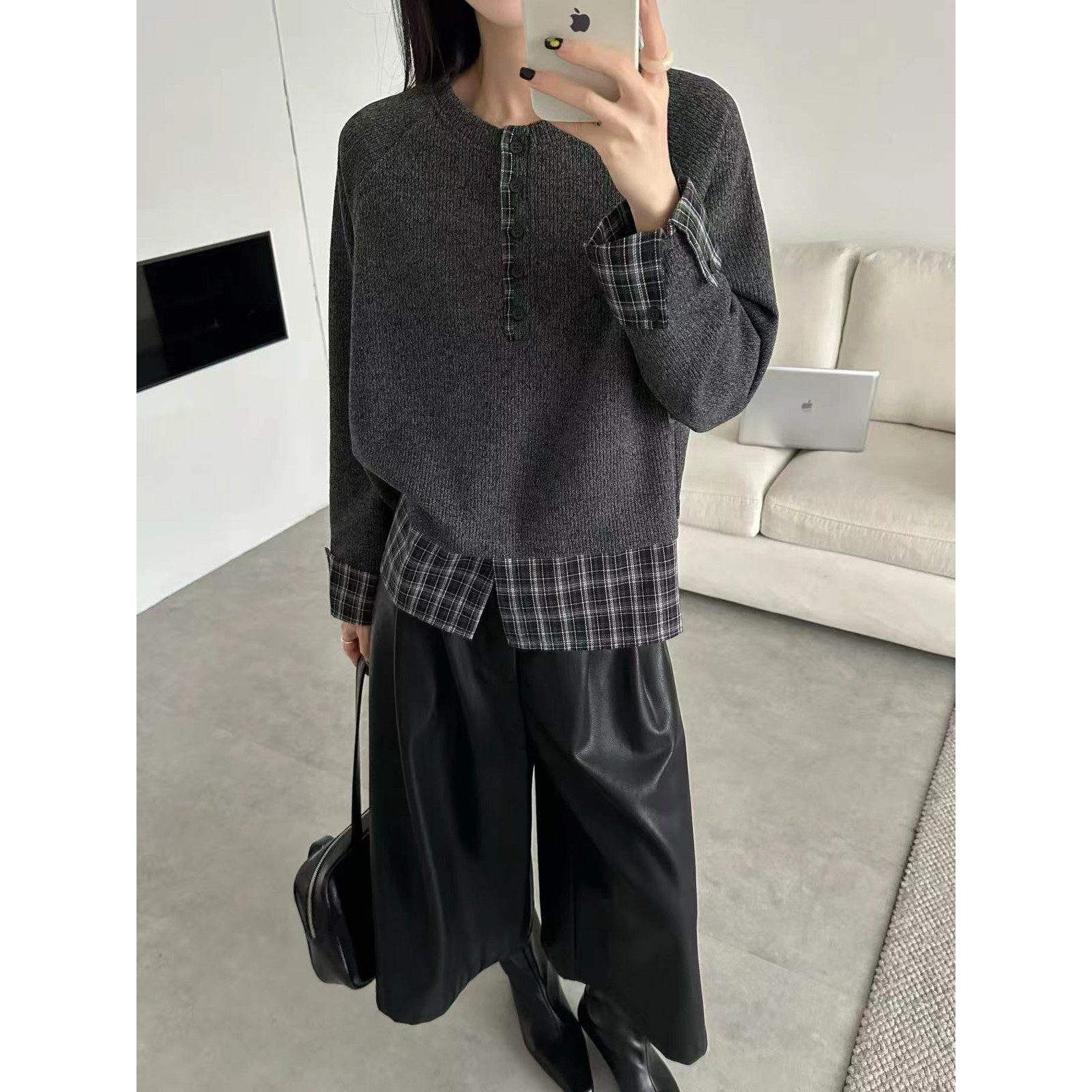 秋款女装韩系时尚休闲简约格子撞色拼接卫衣小衫上衣卫衣QJ-2278