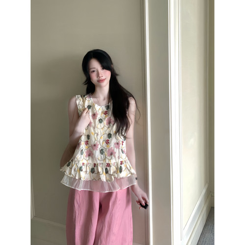 DARA ROSE-法式花朵刺绣荷叶边无袖背心娃娃衫上衣焕小衫S9320