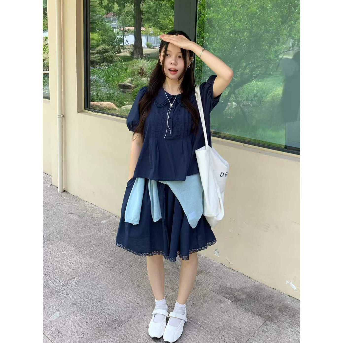26新上新减龄学院风蕾丝甜美小衫+半身裙两件套套装dx8811