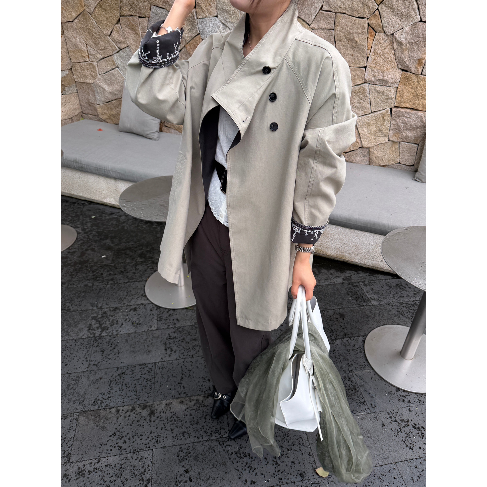 秋上新简约小翻领风衣女洋气设计感显瘦中长款外套(配腰带)97775