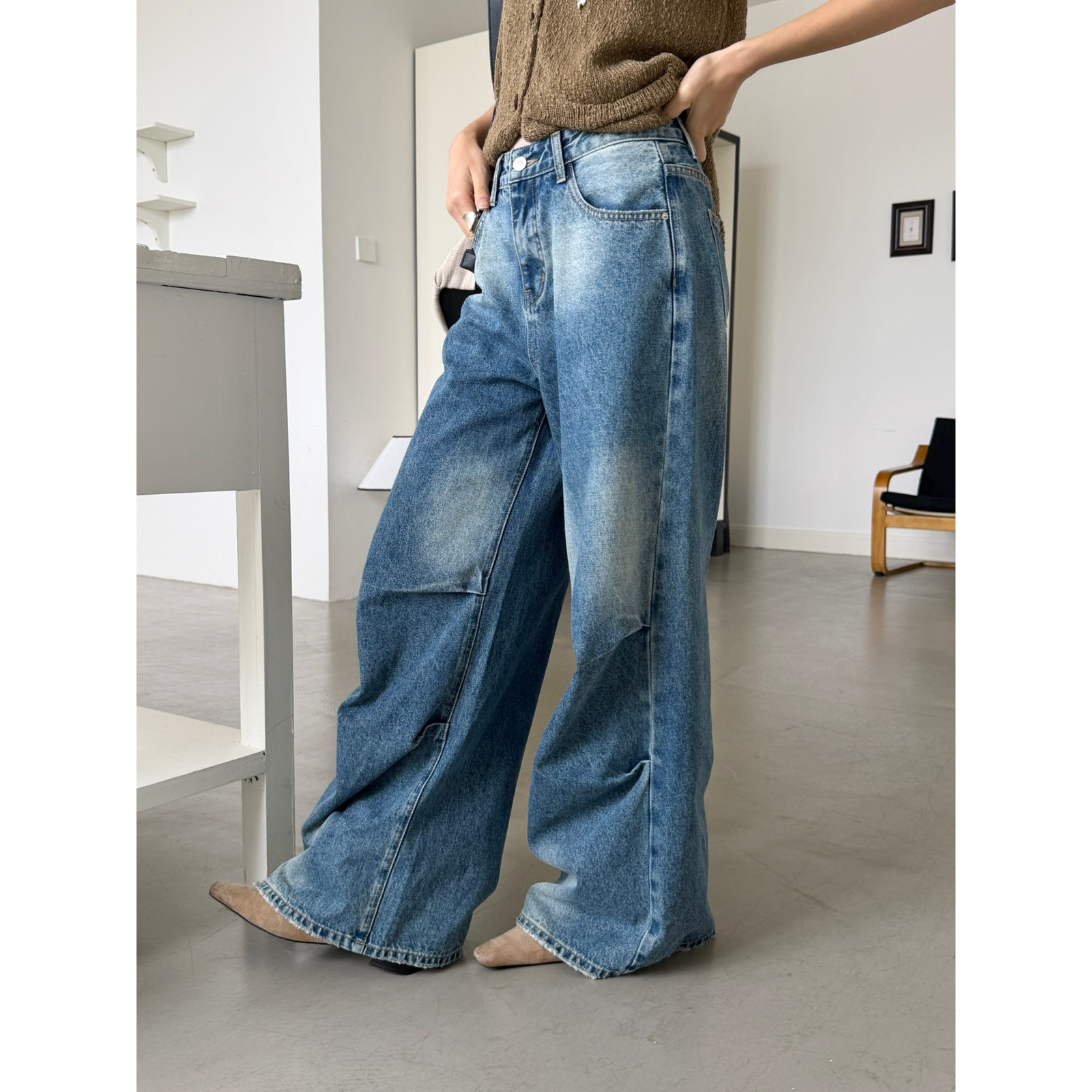 26春款设计师款感拼接褶皱直筒裤宽松直筒阔腿工装牛仔裤alter318