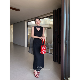 26新款 连衣裙D5620 气质莱赛尔V领收褶飘带氛围感显瘦内搭无袖