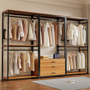 开放式衣帽架卧室家用多层置物架落地式金属衣柜可调节实木挂衣架