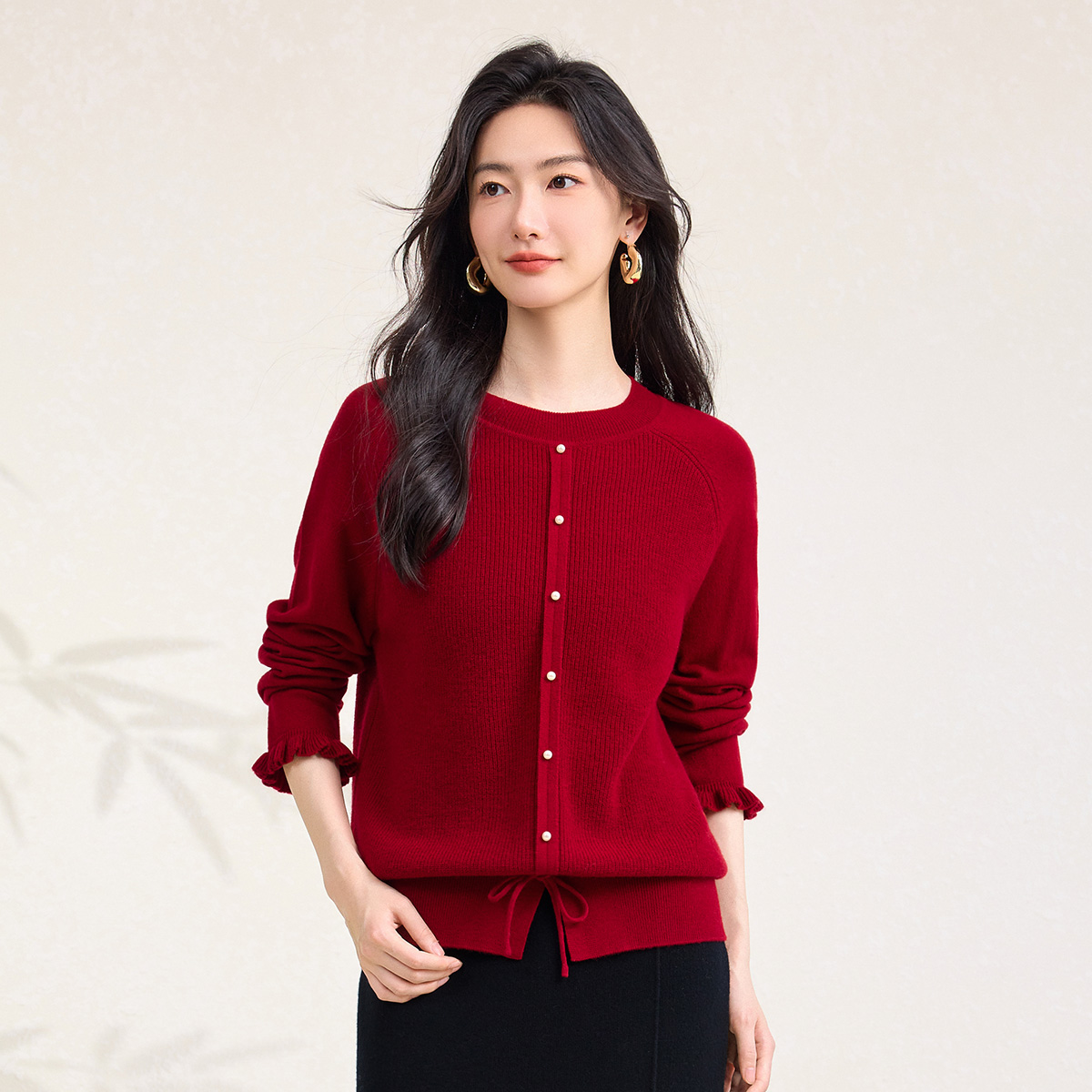 春竹100%羊毛秋冬新款圆领插肩袖时尚设计款厚款保暖女针织假开衫