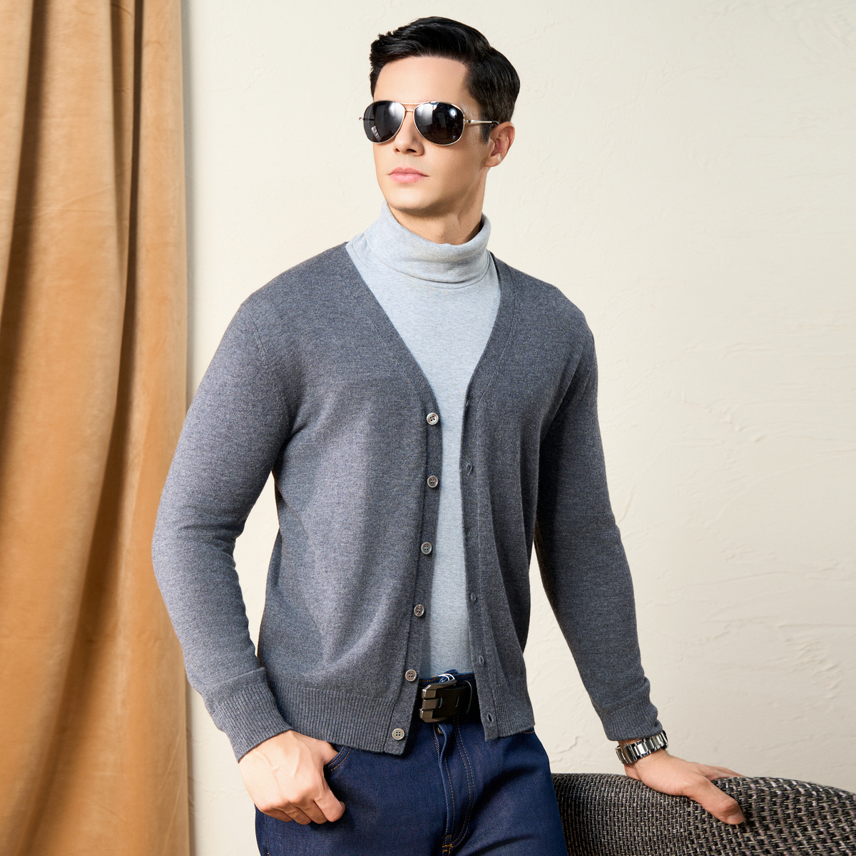 保暖毛衣春竹羊毛针织开衫V领