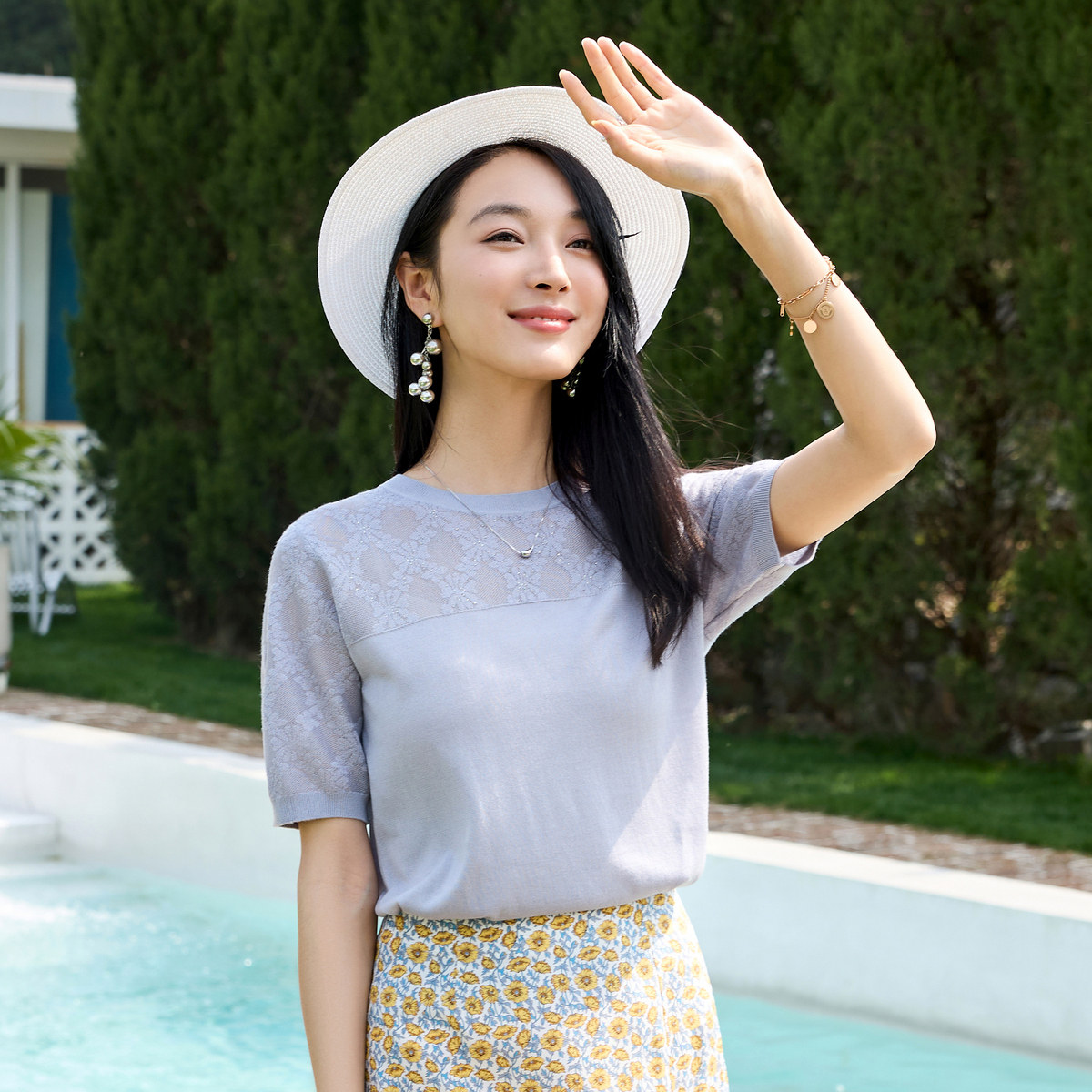 春竹2026早春新款圆领镂空提花时尚气质休闲短袖T恤女桑蚕丝上衣,女装/女士精品,T恤,淘宝优惠券,粉丝福利购,淘宝优惠卷