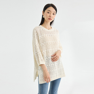 春竹26春季新款薄款森系慵懒风立体钩花镂空圆领针织衫七分袖上衣