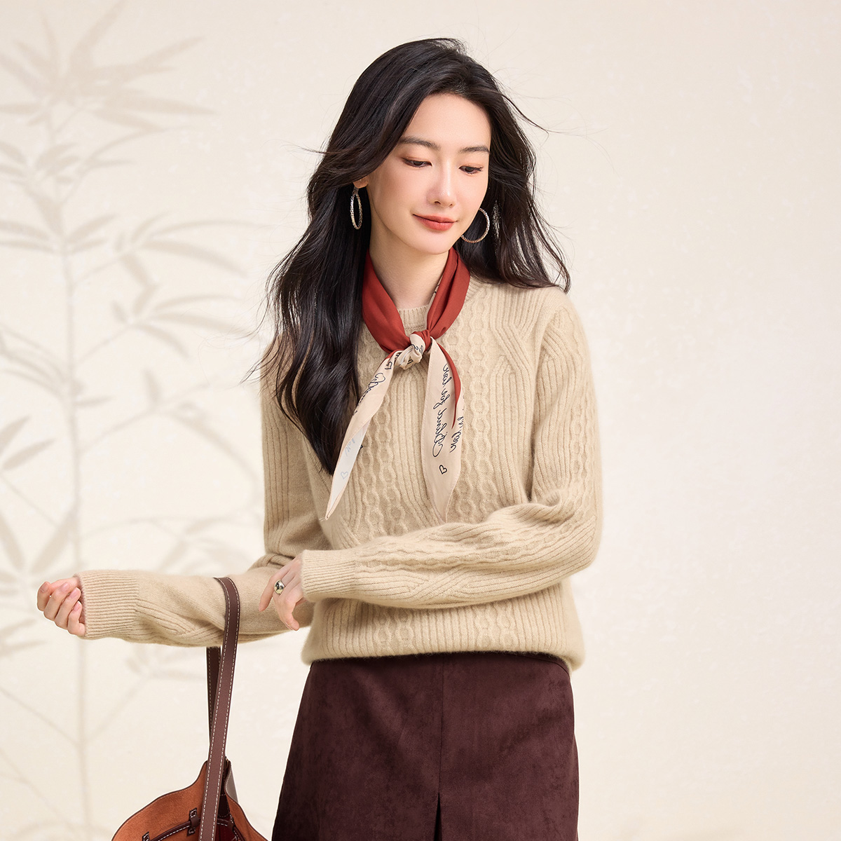 【无缝100%羊绒】春竹秋冬新款圆领提花高级洋气减龄保暖女羊绒衫