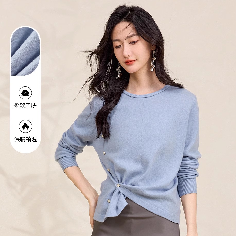 春竹100%绵羊毛秋季新款圆领精致纽扣设计高级感洋气保暖女羊毛衫