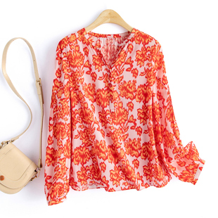 高级感桑蚕丝上衣女衬衫 印花V领薄款 新款 春竹16mm弹力双绉26夏季