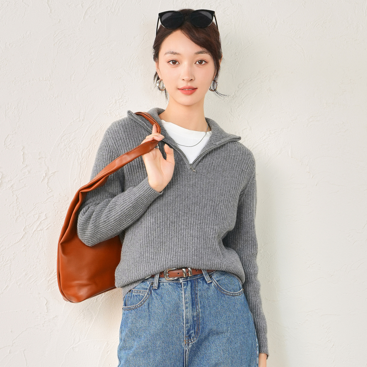 春竹正品2025秋冬新款100%纯羊毛半拉链女套衫羊毛衫针织打底毛衣