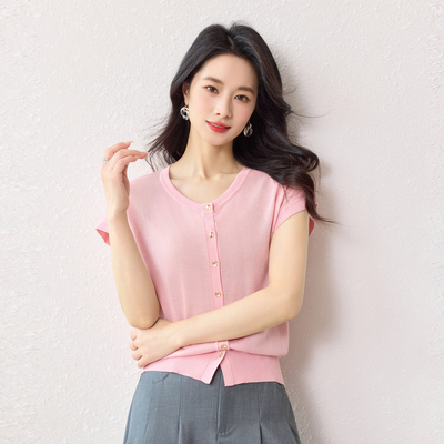 春竹25早秋新款含桑蚕丝上衣圆领连肩短袖外套洋气薄款女针织开衫