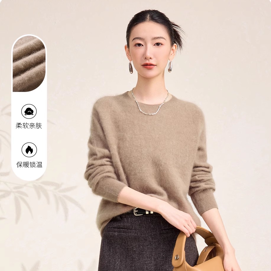 春竹秋冬新款无缝羊绒羊毛混纺拉毛圆领宽松厚款保暖毛衣女羊毛衫