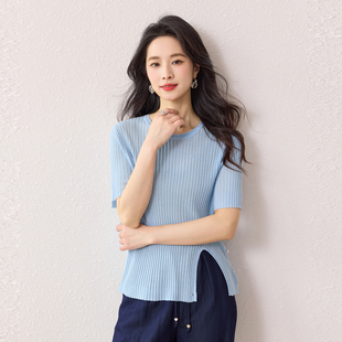 针织衫 春竹2026早春新款 显瘦短袖 修身 女 含桑蚕丝上衣圆领开叉时尚