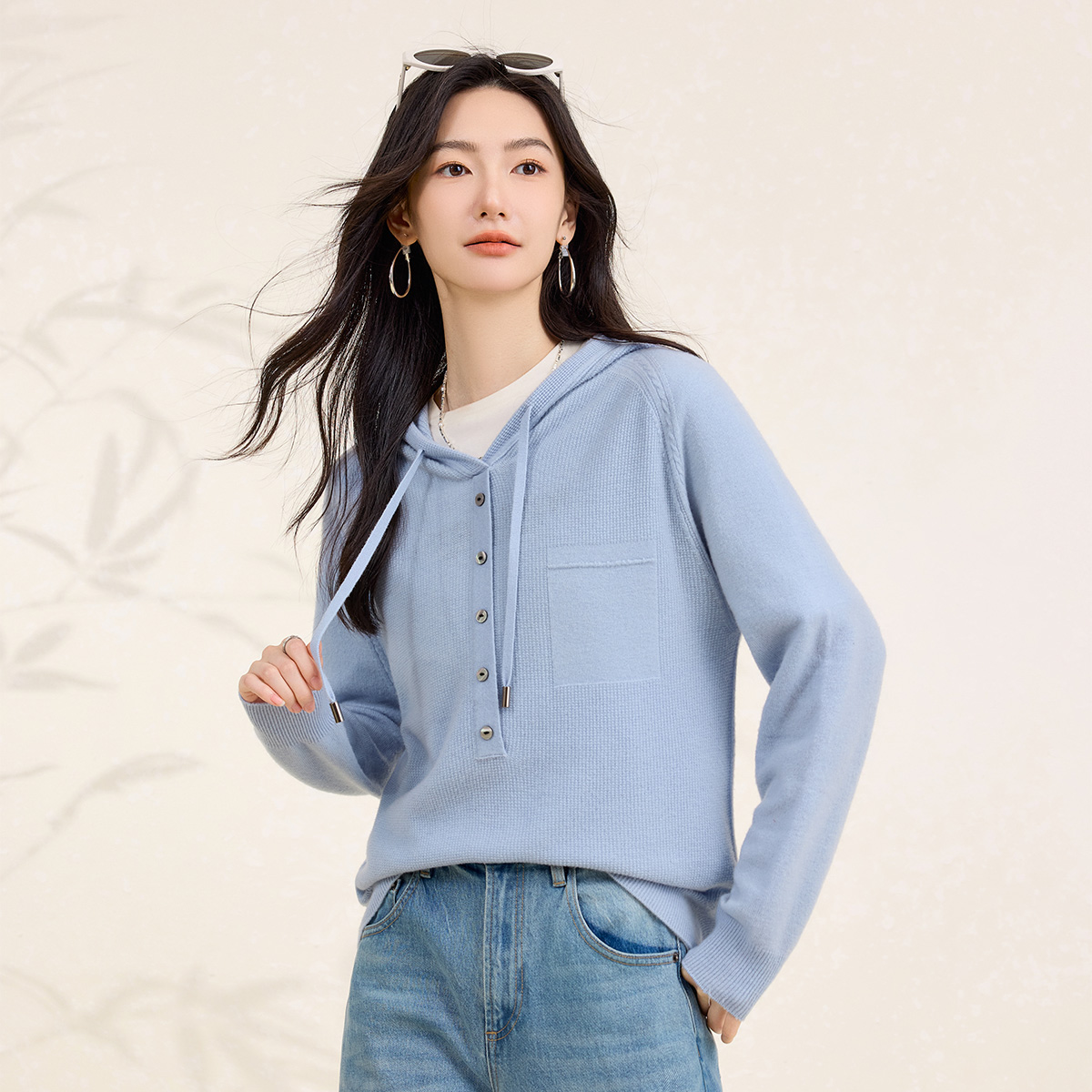 春竹秋季新款无缝一体纯羊毛连帽针织卫衣休闲慵懒风保暖女羊毛衫