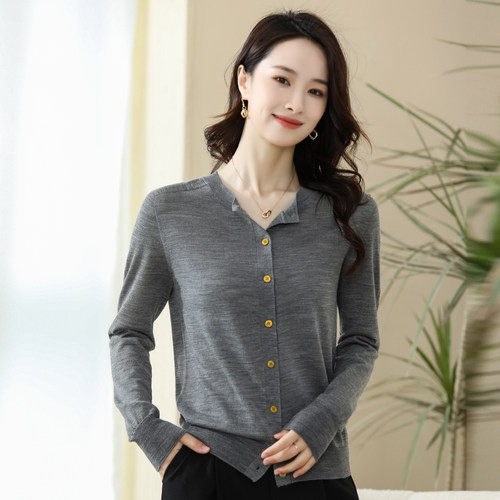 春竹100%绵羊毛春夏新款圆领纯色休闲显瘦叠穿外套女薄款针织开衫