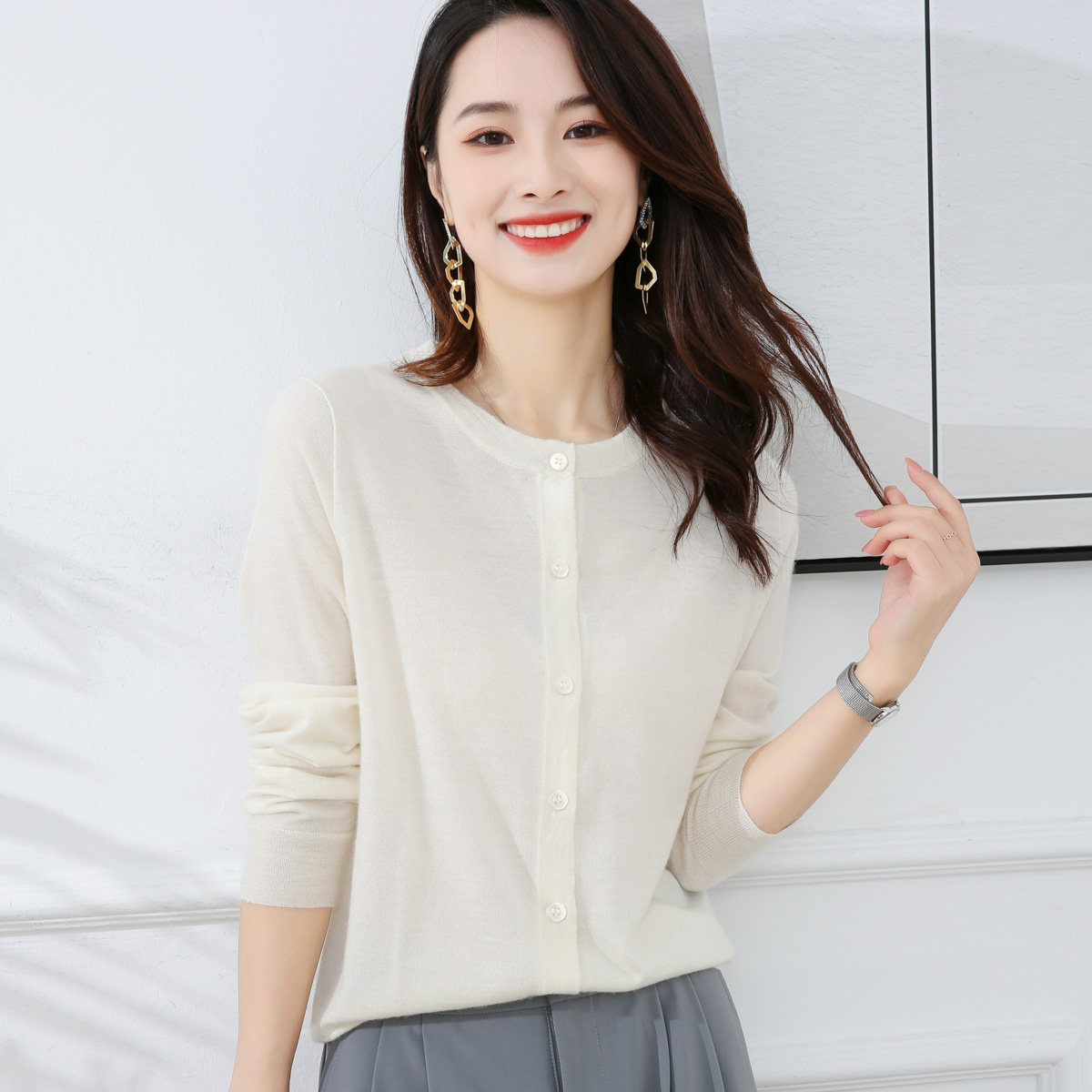 春竹2026新款100%纯山羊绒开衫女针织衫羊绒衫单排扣针织毛衣外套