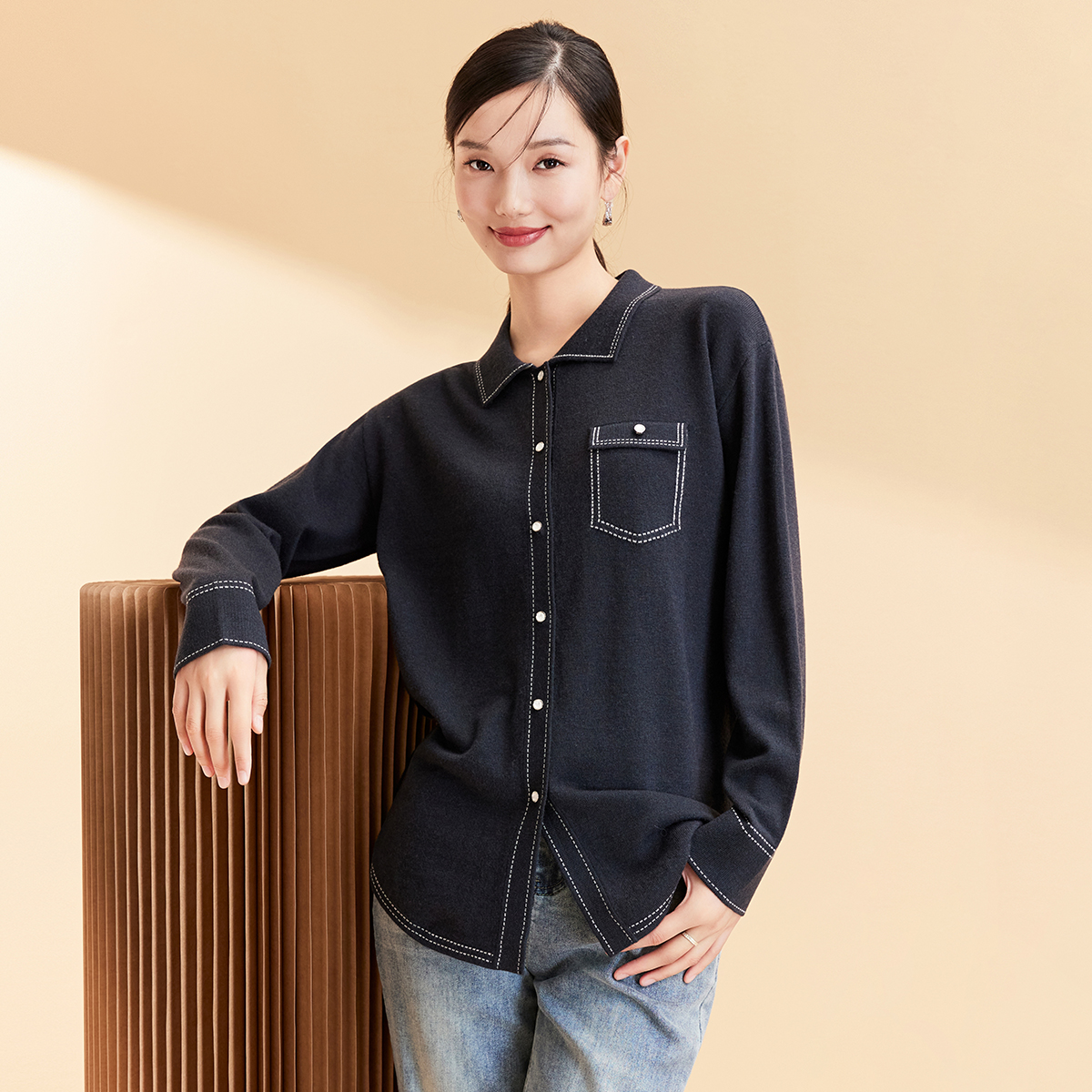 春竹100%绵羊毛早秋新款翻领羊毛衫百搭长袖打底衫针织上衣毛衣女