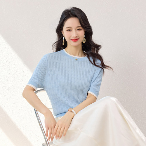 春竹初春新款桑蚕丝混纺上衣假两件圆领绞花薄款透气女短袖针织衫