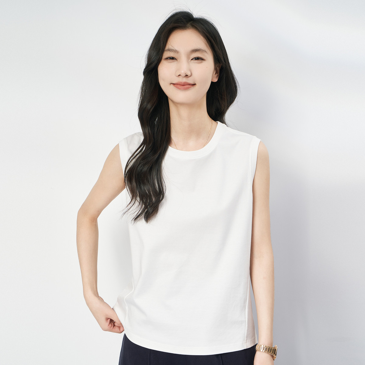 春竹26夏季新款运动休闲含桑蚕丝上衣女背心圆领纯色无袖薄款T恤