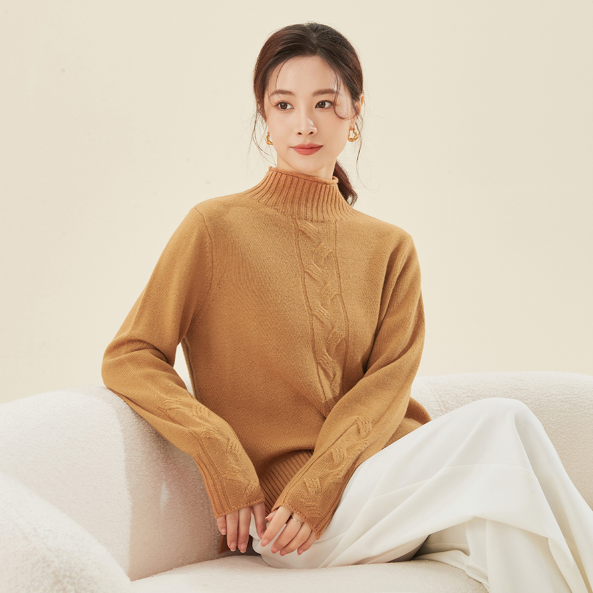 春竹2025秋冬新款100%绵羊毛重工绞花半高领毛衣加厚羊毛衫女套衫