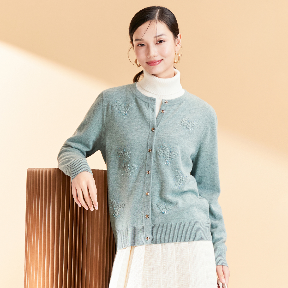 春竹2025秋冬新款圆领羊毛衫通勤百搭长袖针织开衫外套毛衣女上衣