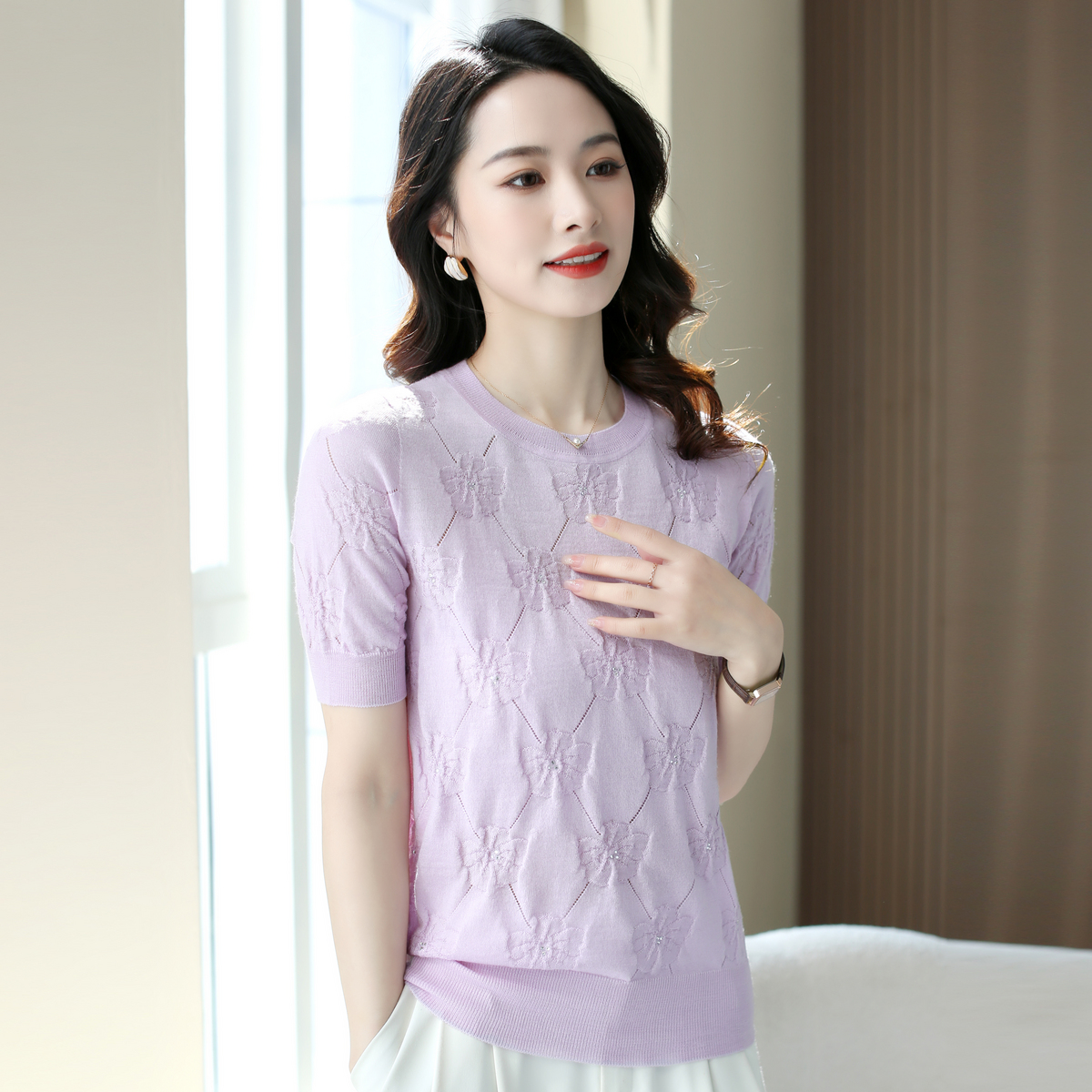 气质100%绵羊毛针织套衫春竹圆领