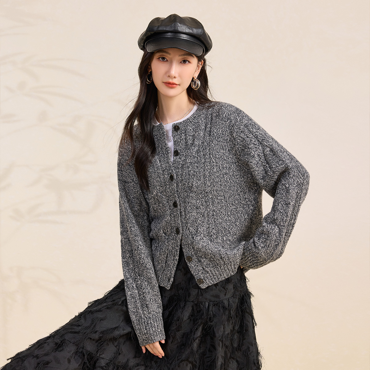 【加厚纯羊毛】春竹秋冬新款时尚花纱圆领洋气减龄保暖女针织开衫