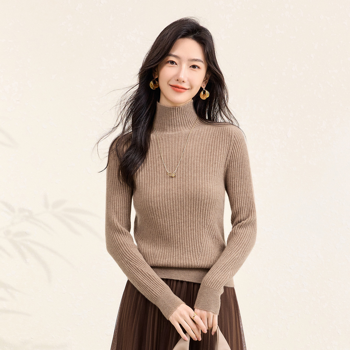 【无缝纯羊绒】春竹25秋冬新款高领修身坑条洋气减龄保暖女羊绒衫