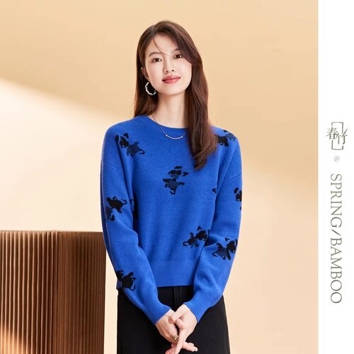 春竹100%绵羊毛26春秋拼色图案通勤休闲女式毛衣圆领女套衫针织衫