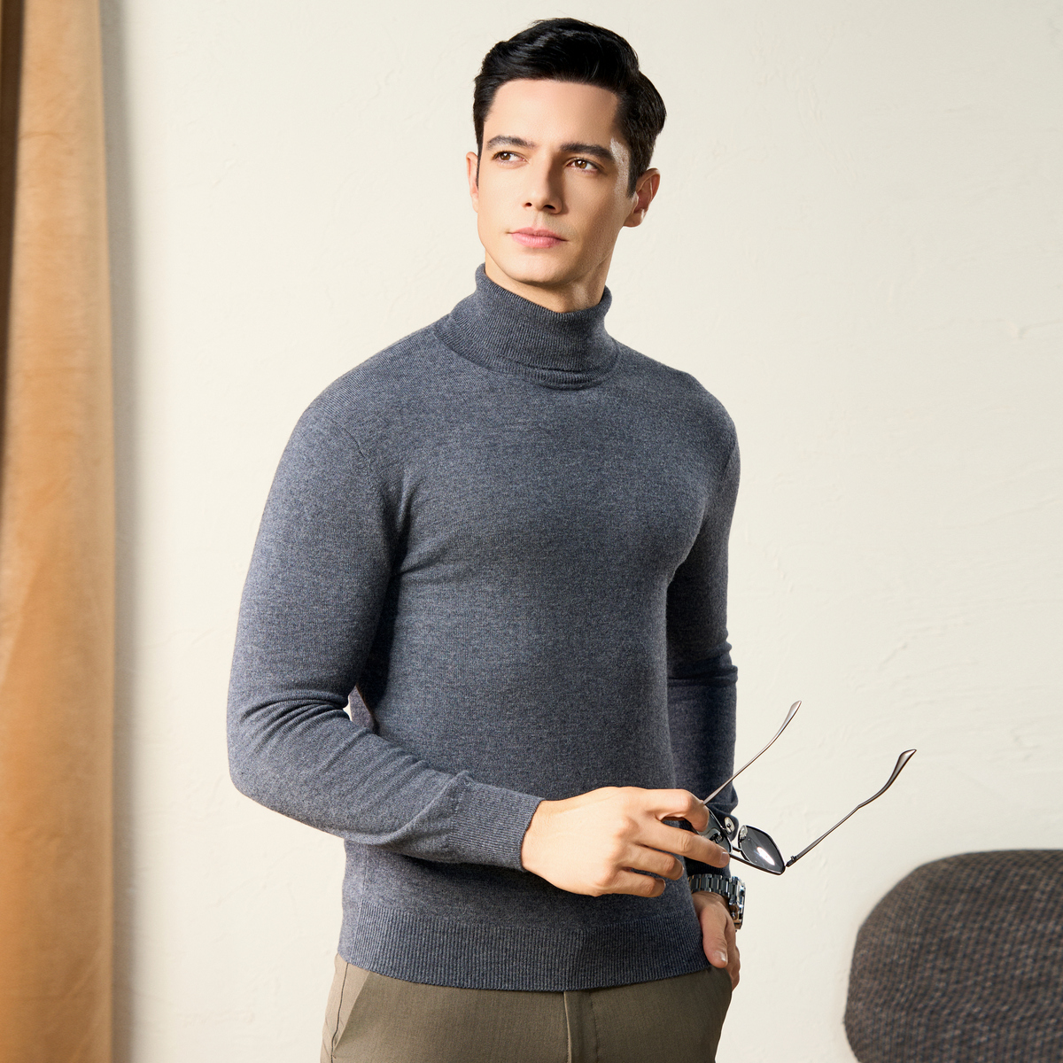 春竹【商品同款】100%羊毛秋冬新款高领休闲纯色保暖毛衣男羊毛衫