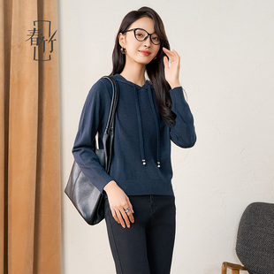 春竹100%绵羊毛连帽休闲宽松软糯毛针织衫 内搭毛衣女 2025冬季 新款