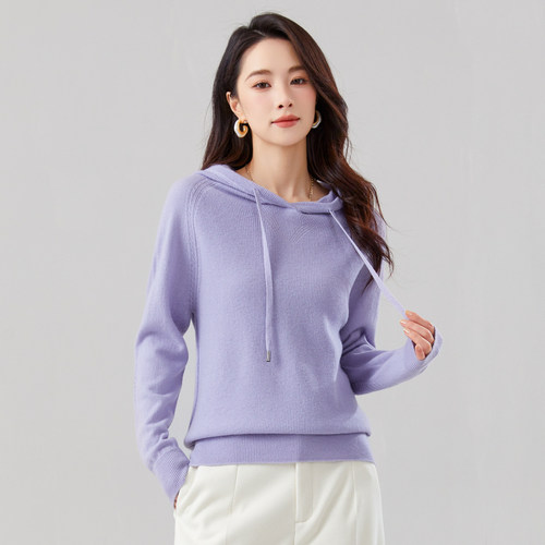 春竹100%羊毛女连帽保暖针织衫