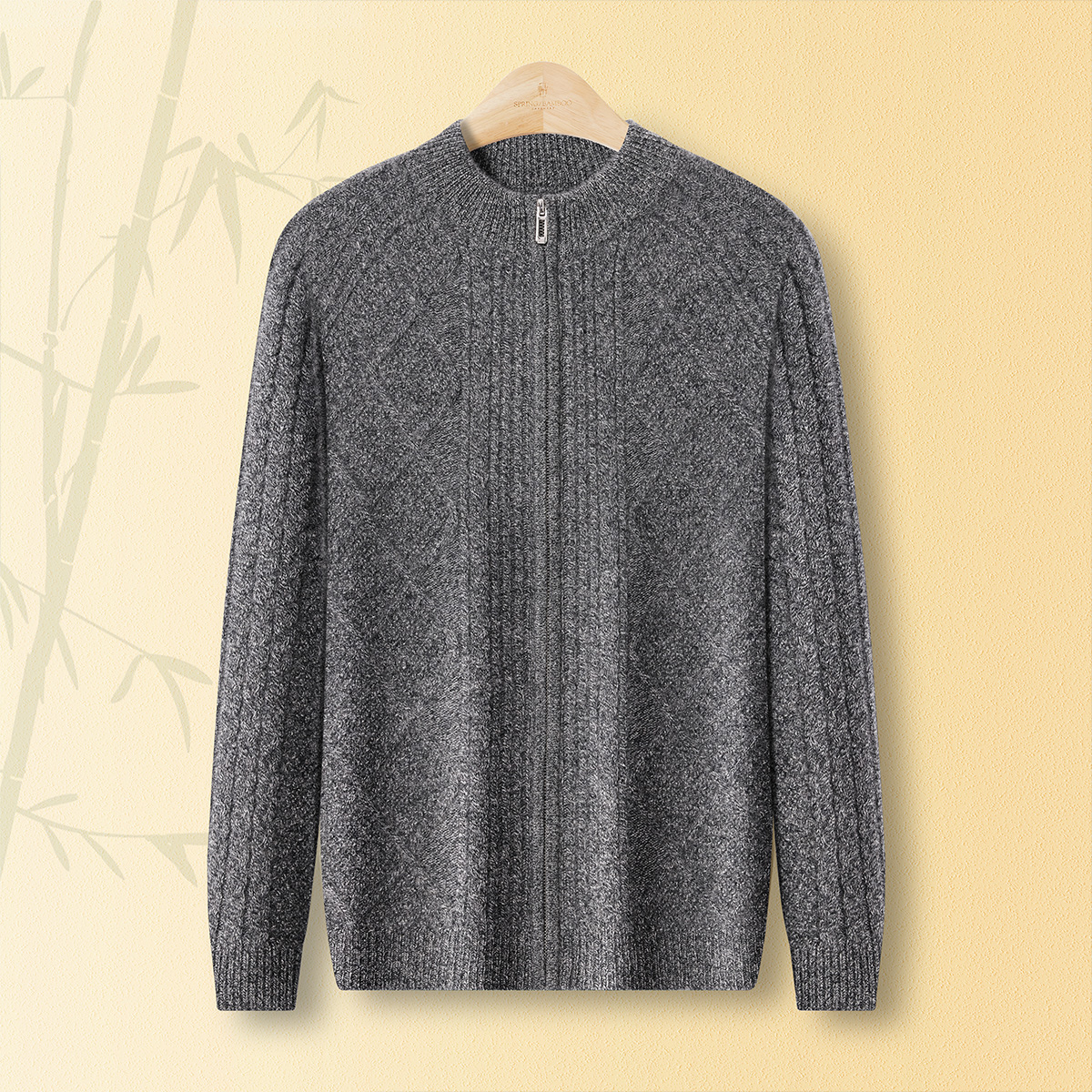春竹岛精26支加厚100%羊绒外套秋冬新款半高领绞花拉链男针织开衫
