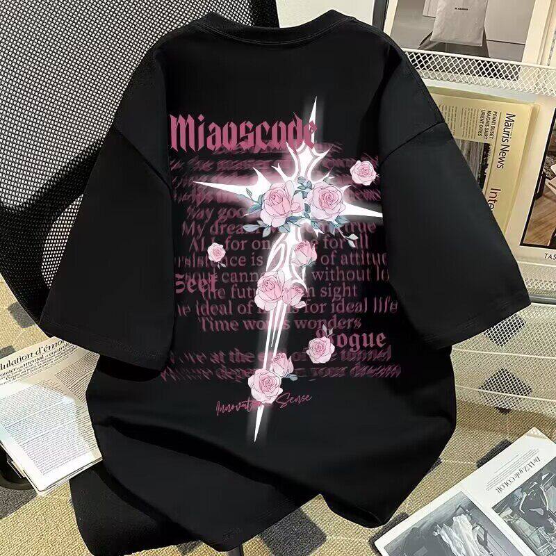 大码300斤美式玫瑰花剑字母印花短袖T恤男女夏季重磅纯棉潮牌上衣