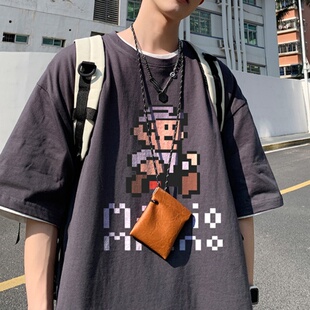 特大码300斤男装像素马里奥短袖T恤男生夏季新款日系复古宽松体恤