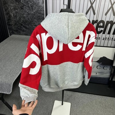 特大码美式字母印花拼接连帽卫衣