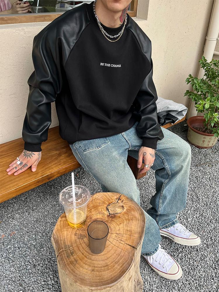 特大码300斤拼接pu皮袖子设计重磅撞色插肩袖卫衣男女圆领长袖潮2