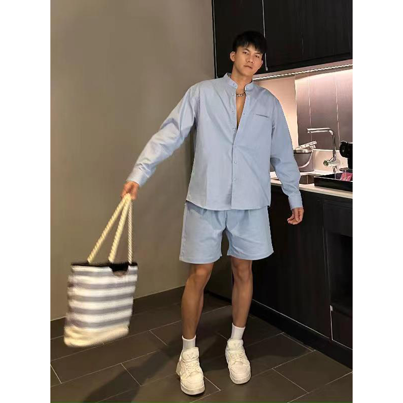 特大码男装一字领阔型宽松休闲长袖衬衫短裤套装夏季宽松一套穿搭,男装,休闲运动套装,淘宝优惠券,粉丝福利购,淘宝优惠卷