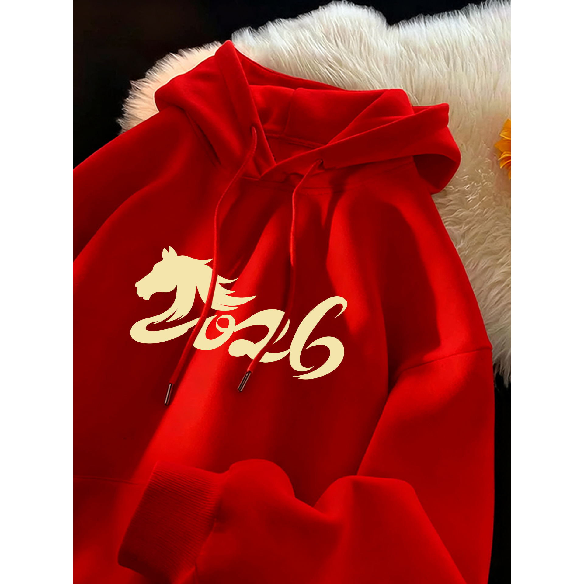 红色连帽卫衣男款2026马年本命年