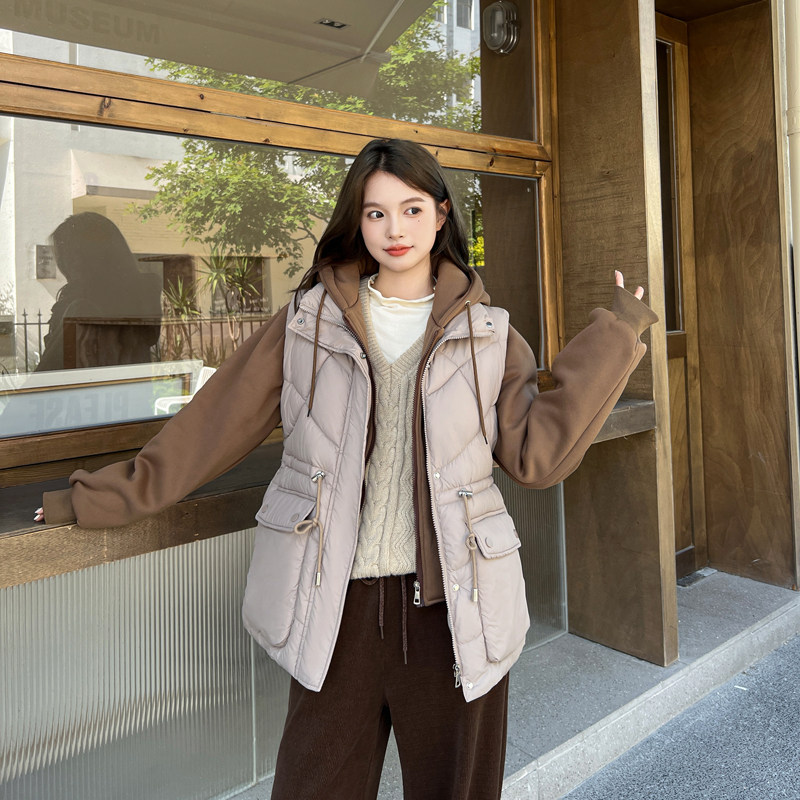 鸭鸭冬季羽绒棉服马夹卫衣假两件加厚宽松韩版拼接棉衣女学生外套