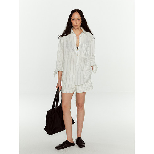 ISSIofficial廓形条纹9分袖衬衫