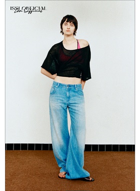 ISSIofficial*经典做旧磨白中腰直筒微喇牛仔裤全棉洗水蓝长裤